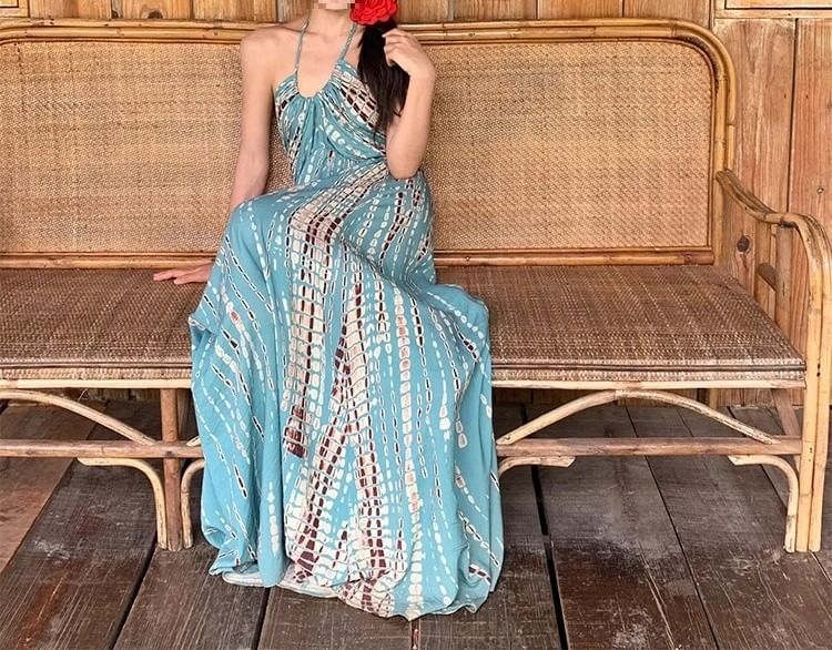 Maxi Neck Sleeveless Halter Dress Printed