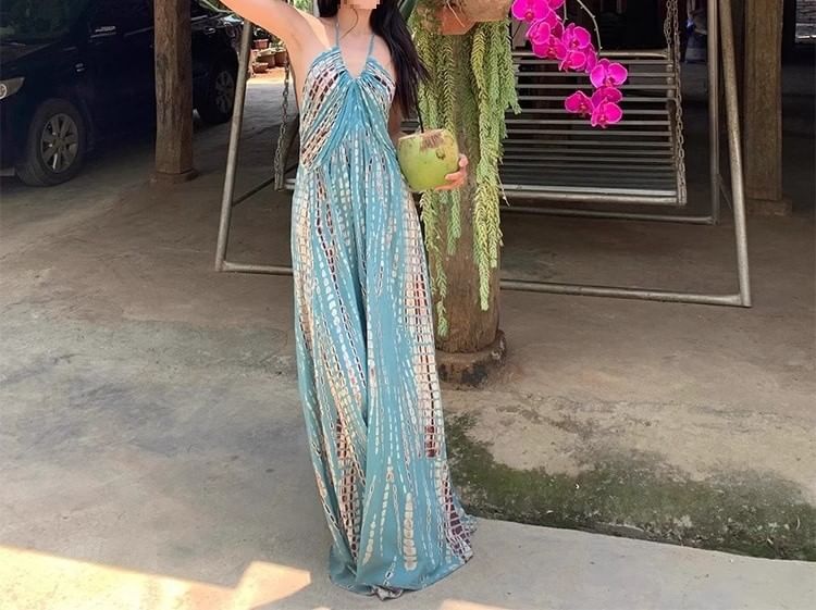 Maxi Neck Sleeveless Halter Dress Printed