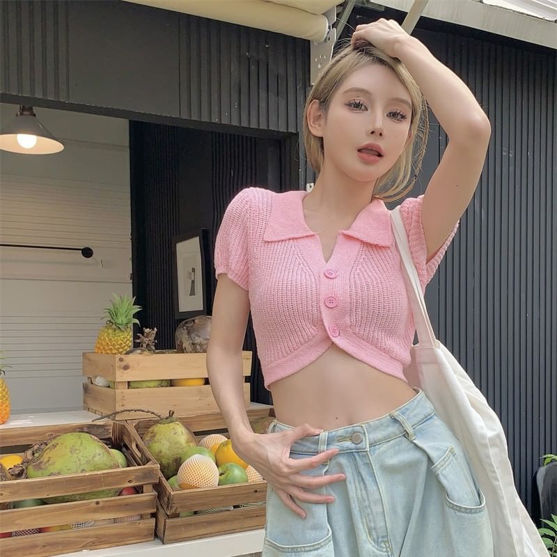 Plain Collared Crop Knit Top Short-Sleeve