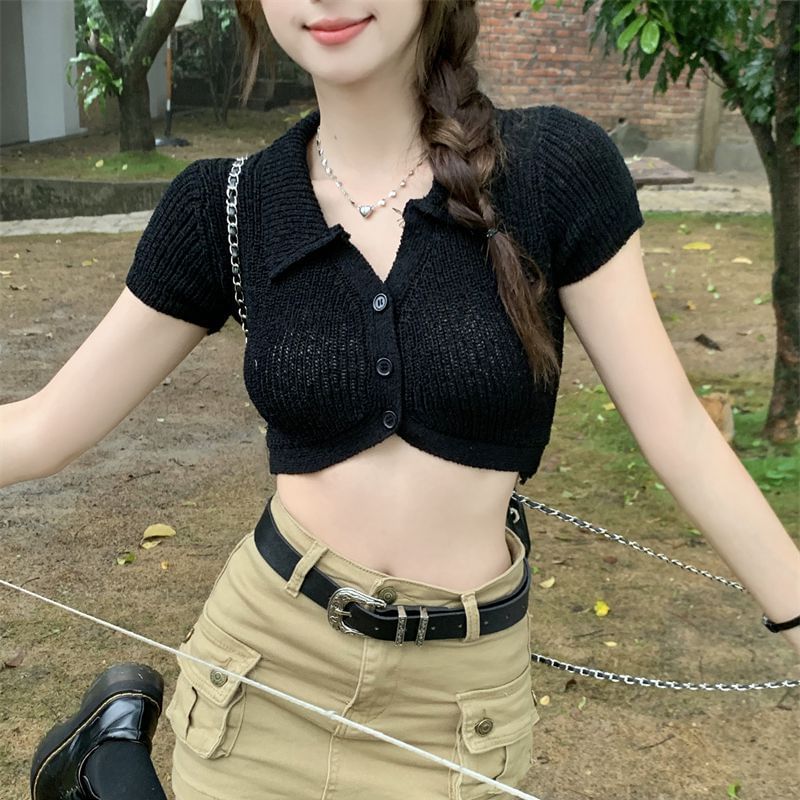 Plain Collared Crop Knit Top Short-Sleeve