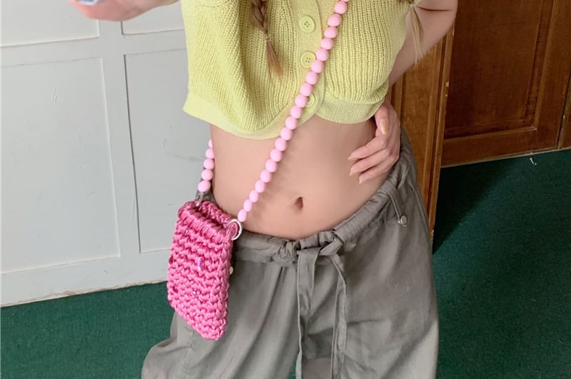 Plain Collared Crop Knit Top Short-Sleeve