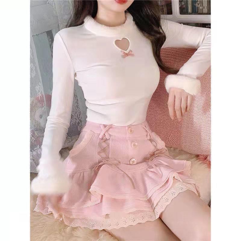 Mini Knit Trim Lace High Tiered Skirt Waist