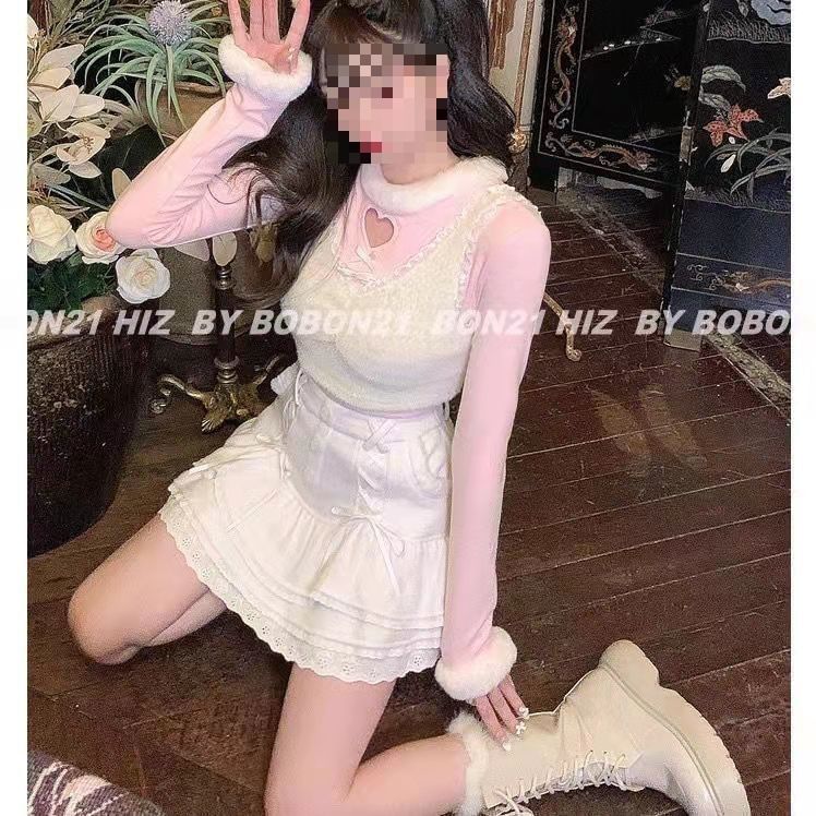 Mini Knit Trim Lace High Tiered Skirt Waist