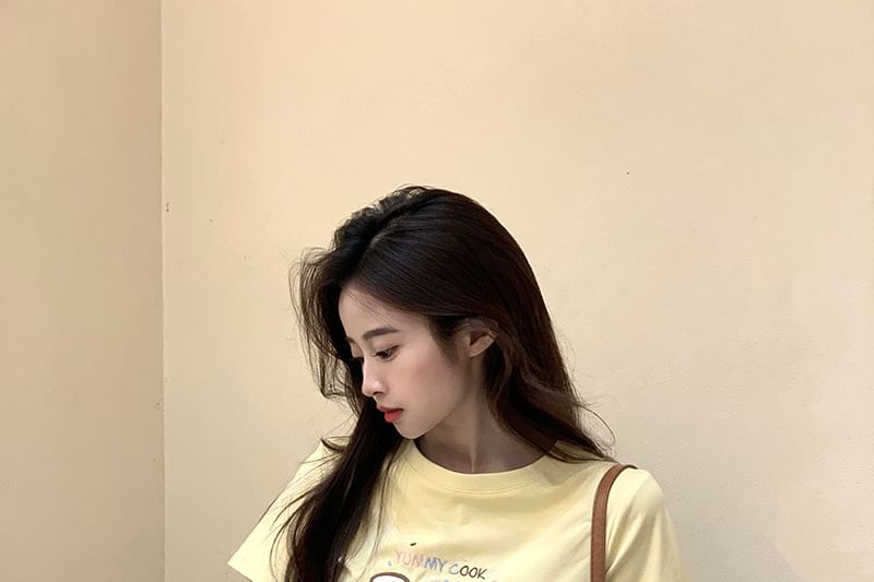 T-Shirt Embroidered Crop Crewneck Short-Sleeve