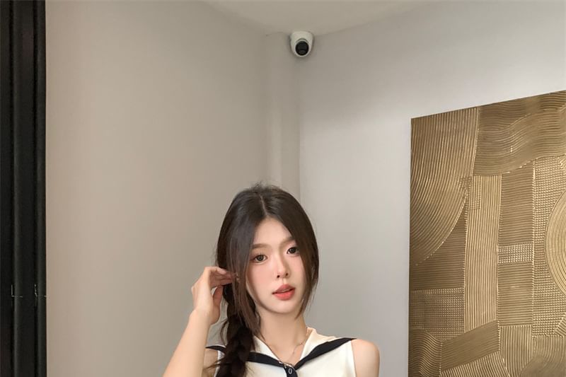 Knit Sleeveless Top Sailor Collar Button-Up