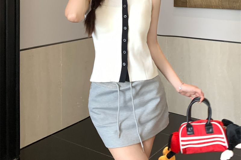 Knit Sleeveless Top Sailor Collar Button-Up
