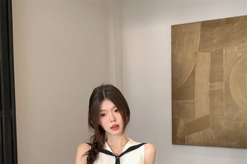 Knit Sleeveless Top Sailor Collar Button-Up