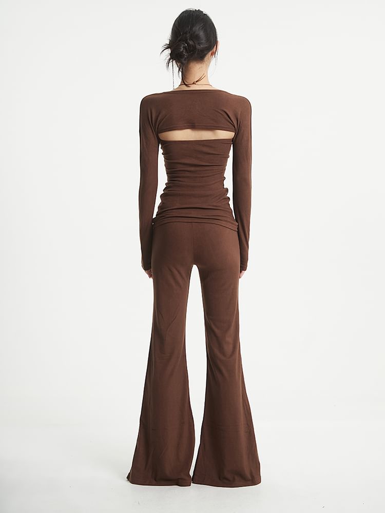 Plain Shirred Tube Top & Bootcut Pants with Shrug