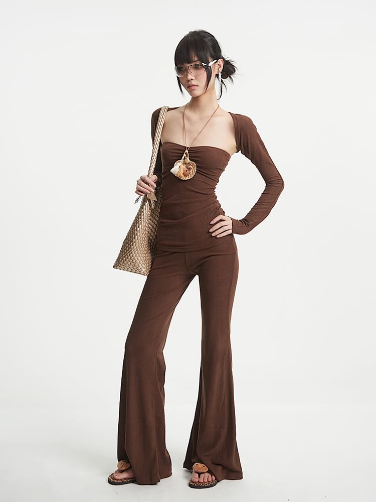 Plain Shirred Tube Top & Bootcut Pants with Shrug
