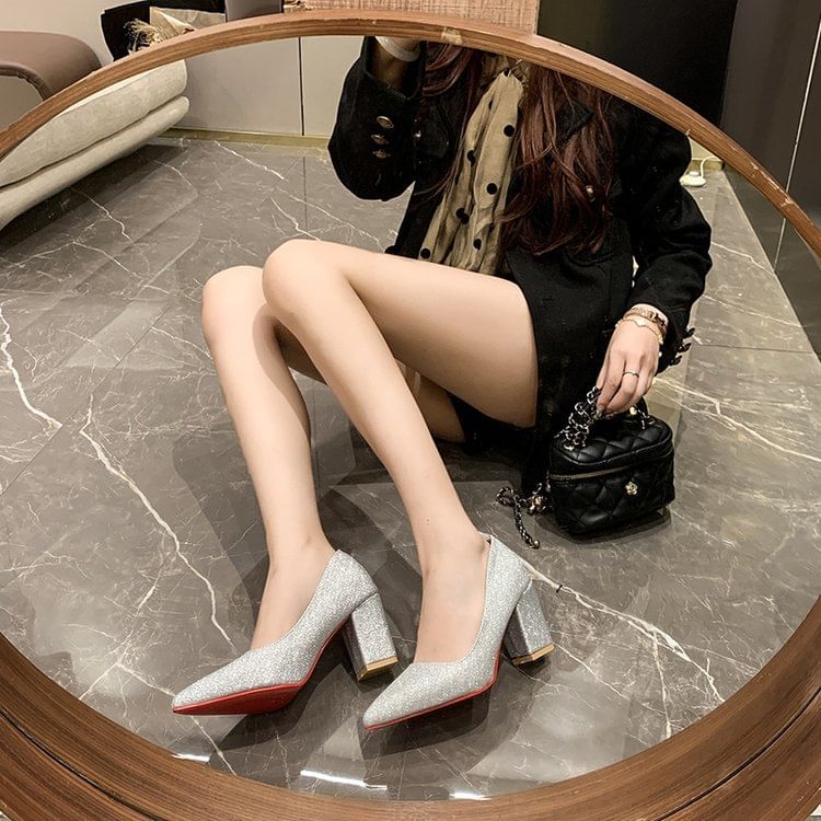 Glitter Block Heel Pumps Toe Pointed