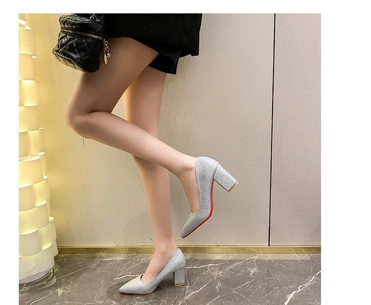 Glitter Block Heel Pumps Toe Pointed