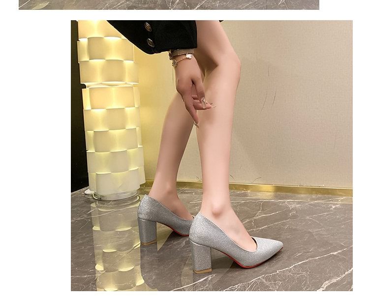 Glitter Block Heel Pumps Toe Pointed