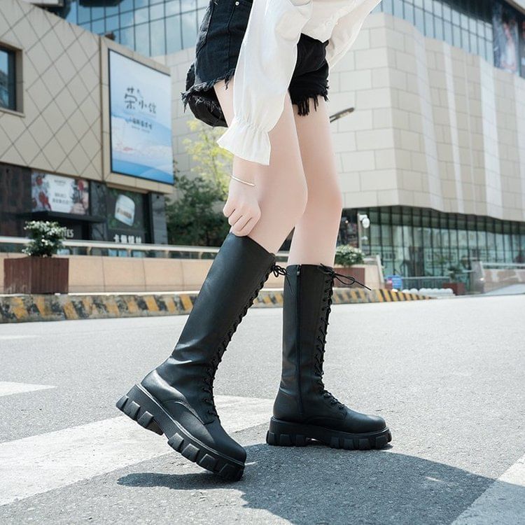 High Knee Boots Platform Lace Up