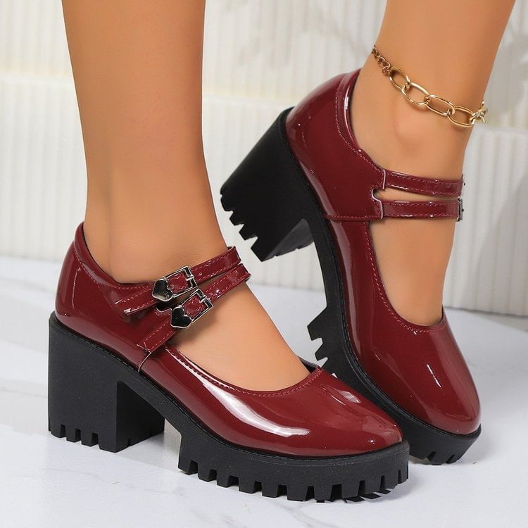 Platform Leather Mary Patent Jane Pumps Heel Block