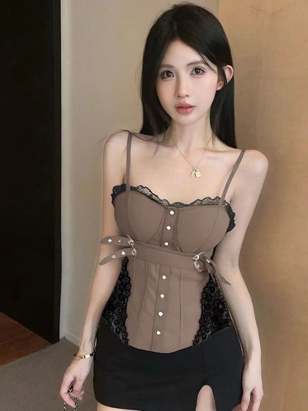 Lace-Paneled Buckled Padded Cropped Cami Top