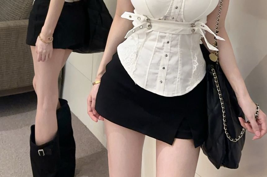 Lace-Paneled Buckled Padded Cropped Cami Top