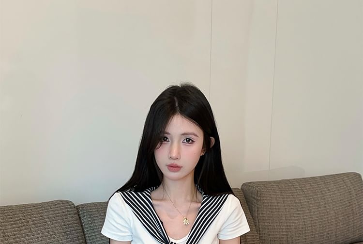 Striped Sailor-Collar Cropped Tee & Pleated Mini Skirt Set