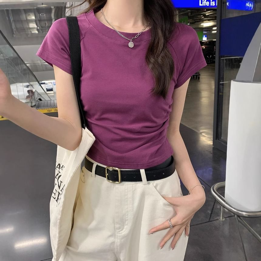 Plain Short-Sleeved Crewneck Gathered T-Shirt