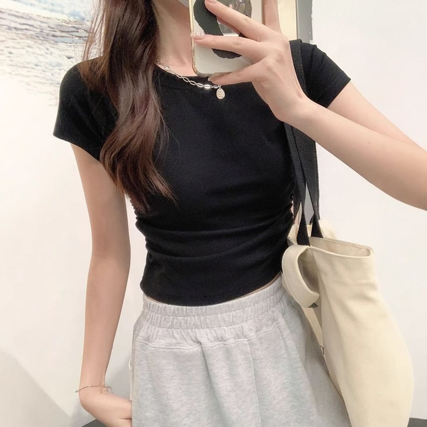 Plain Short-Sleeved Crewneck Gathered T-Shirt