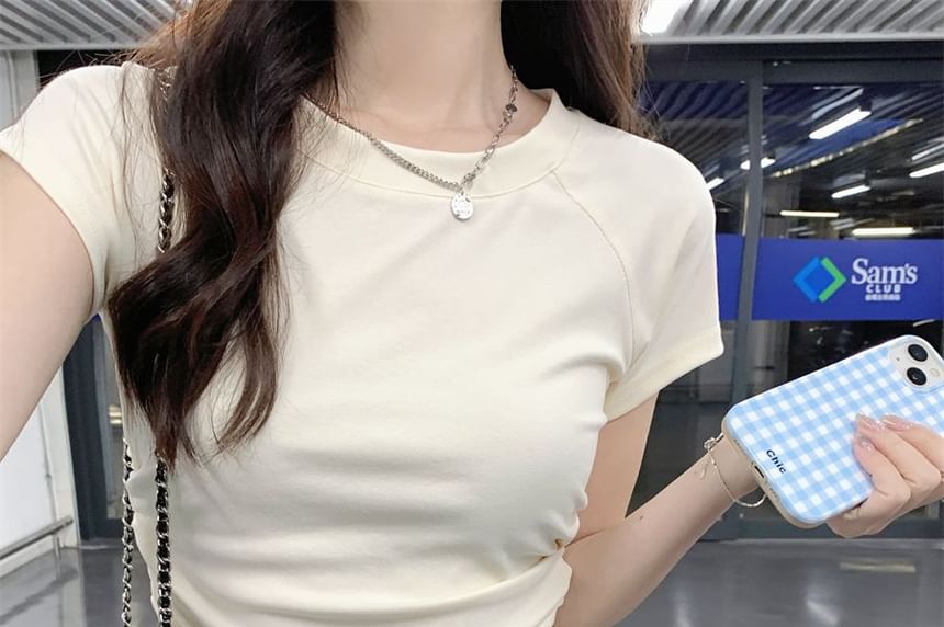 Plain Short-Sleeved Crewneck Gathered T-Shirt
