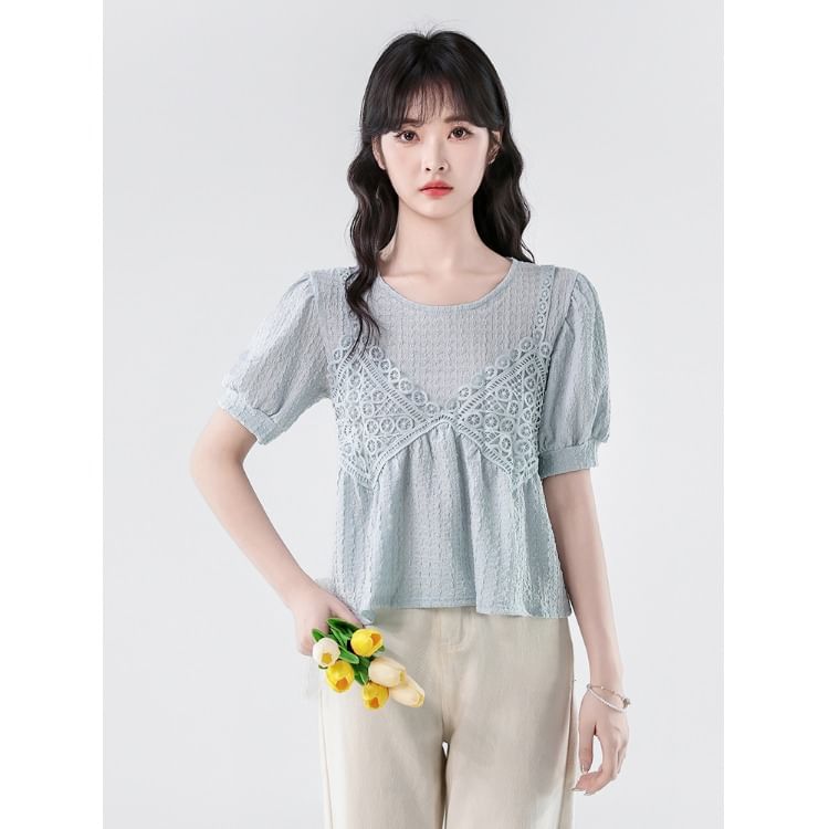 Lace-Paneled Roundneck Elbow-Sleeved Mock Two-Piece Crop Blouse