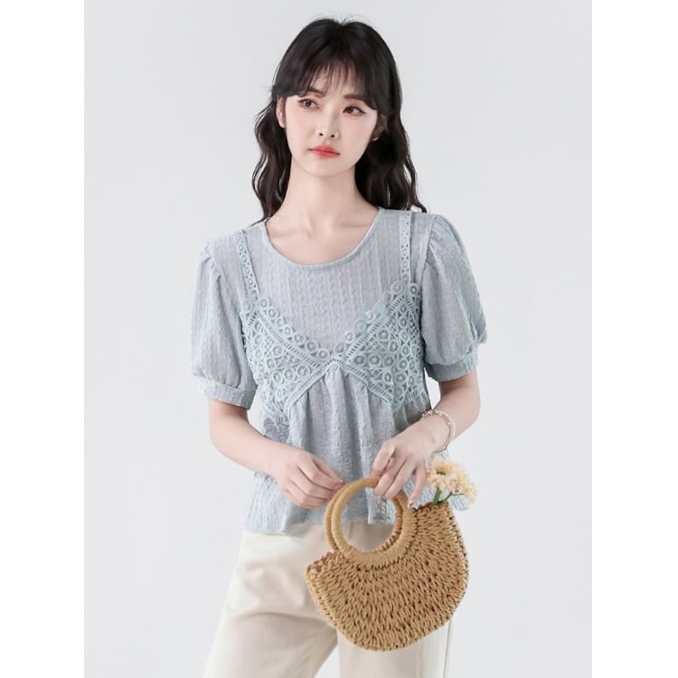 Lace-Paneled Roundneck Elbow-Sleeved Mock Two-Piece Crop Blouse