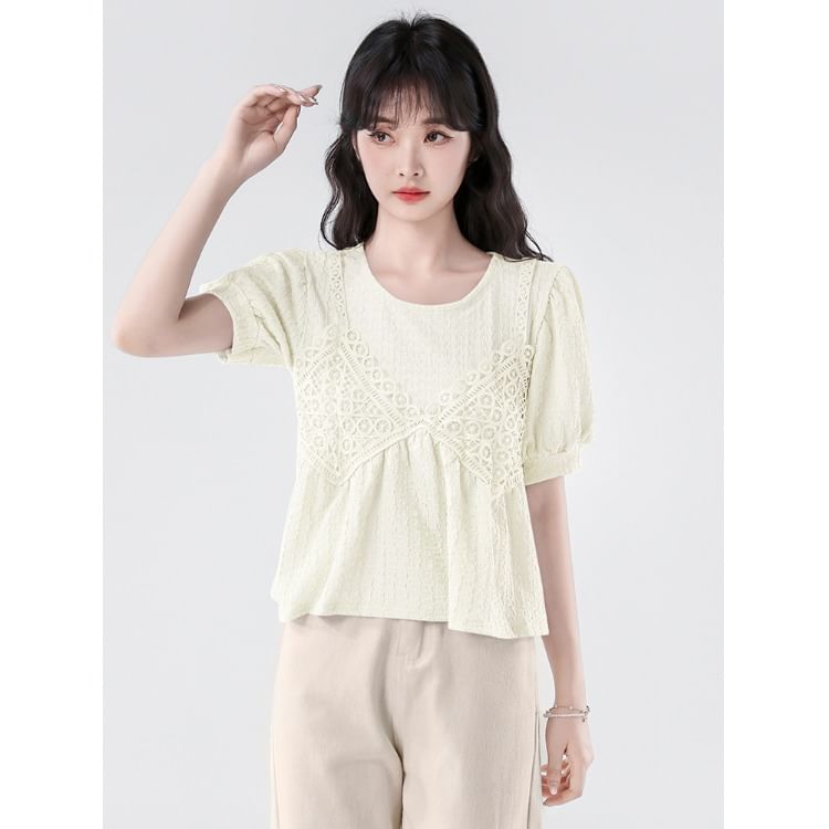 Lace-Paneled Roundneck Elbow-Sleeved Mock Two-Piece Crop Blouse