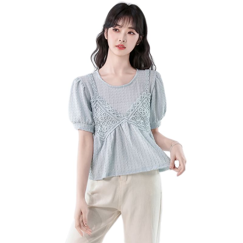 Lace-Paneled Roundneck Elbow-Sleeved Mock Two-Piece Crop Blouse