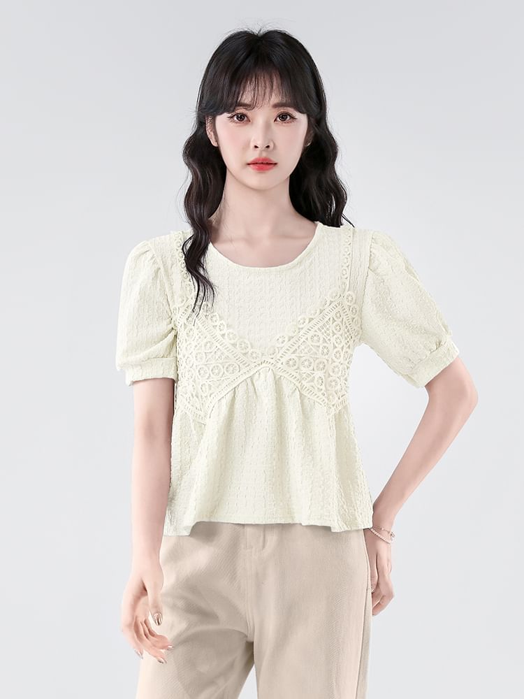 Lace-Paneled Roundneck Elbow-Sleeved Mock Two-Piece Crop Blouse