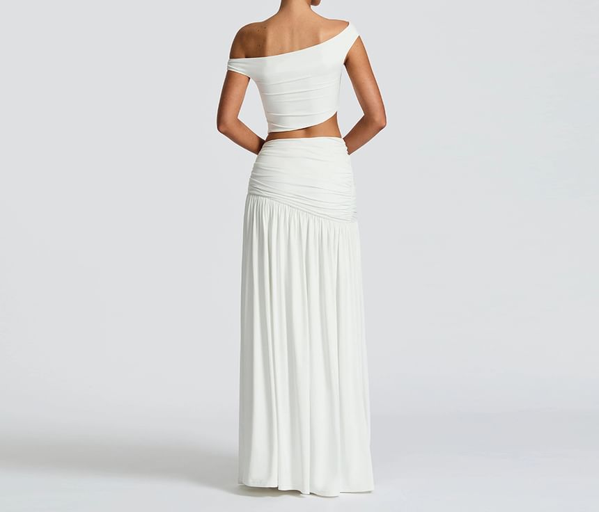 Set: Plain Off-Shoulder Sleeveless Crop Top + Ruched Slit Low-Waist Maxi A-Line Skirt