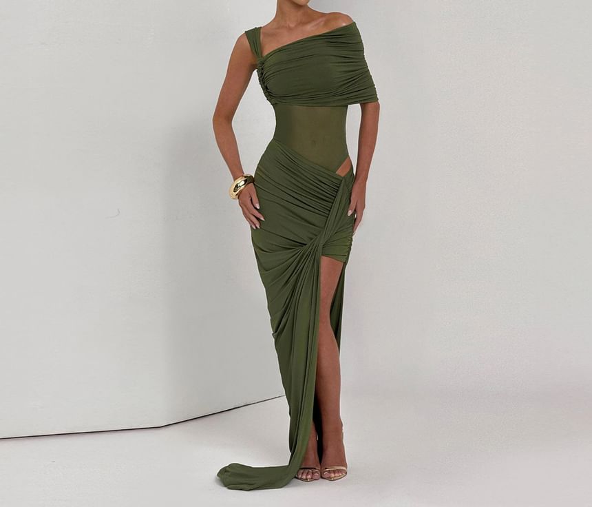 Set: Plain Ruched One-Shoulder Short-Sleeved Bodysuit + Asymmetric Mid-Waist Pencil Skirt