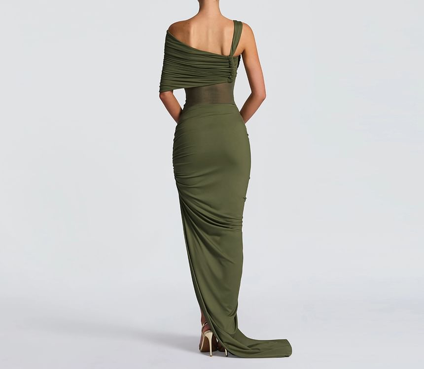 Set: Plain Ruched One-Shoulder Short-Sleeved Bodysuit + Asymmetric Mid-Waist Pencil Skirt