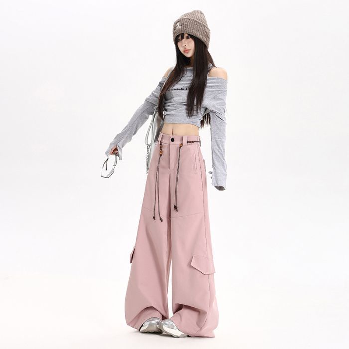 Set: Mid Rise Plain Baggy Cargo Pants + Belt (Various Designs)
