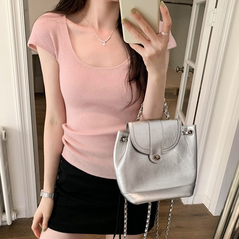 Top Cap-Sleeve Knit Plain Neck Scoop