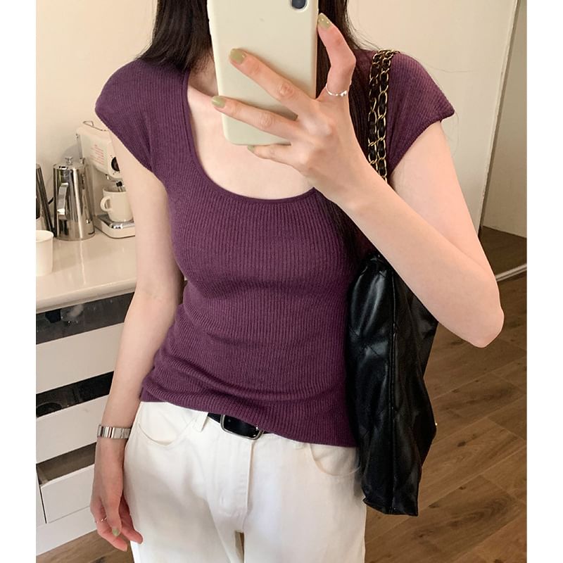 Top Cap-Sleeve Knit Plain Neck Scoop