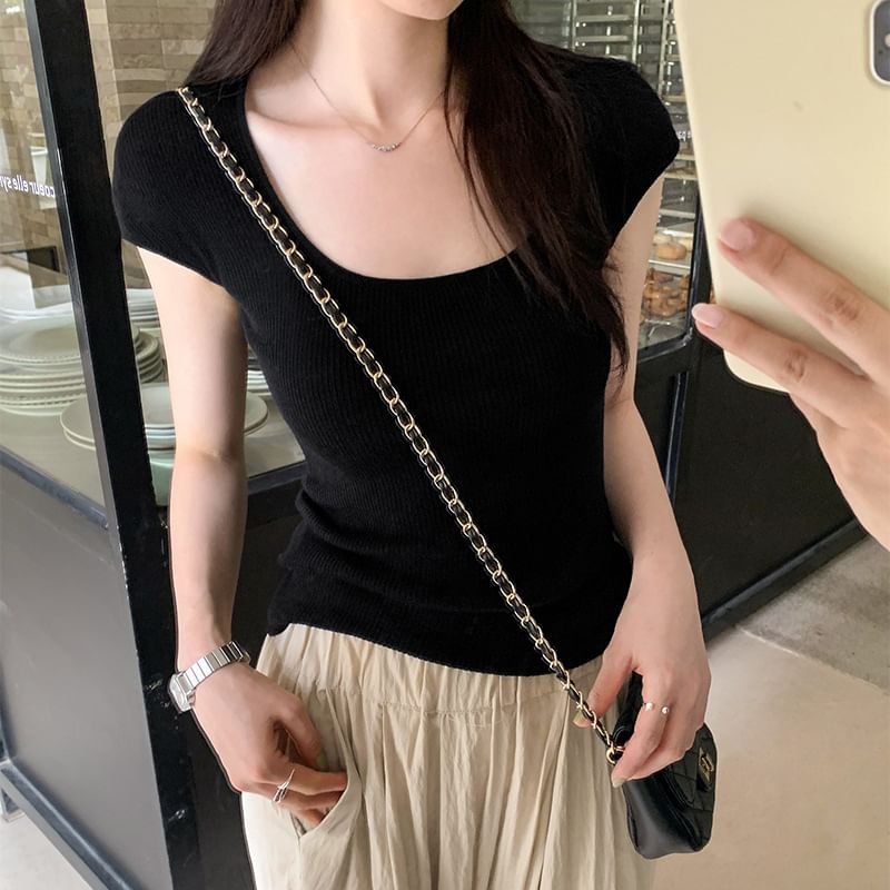 Top Cap-Sleeve Knit Plain Neck Scoop