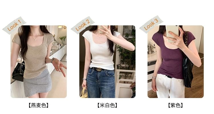 Top Cap-Sleeve Knit Plain Neck Scoop