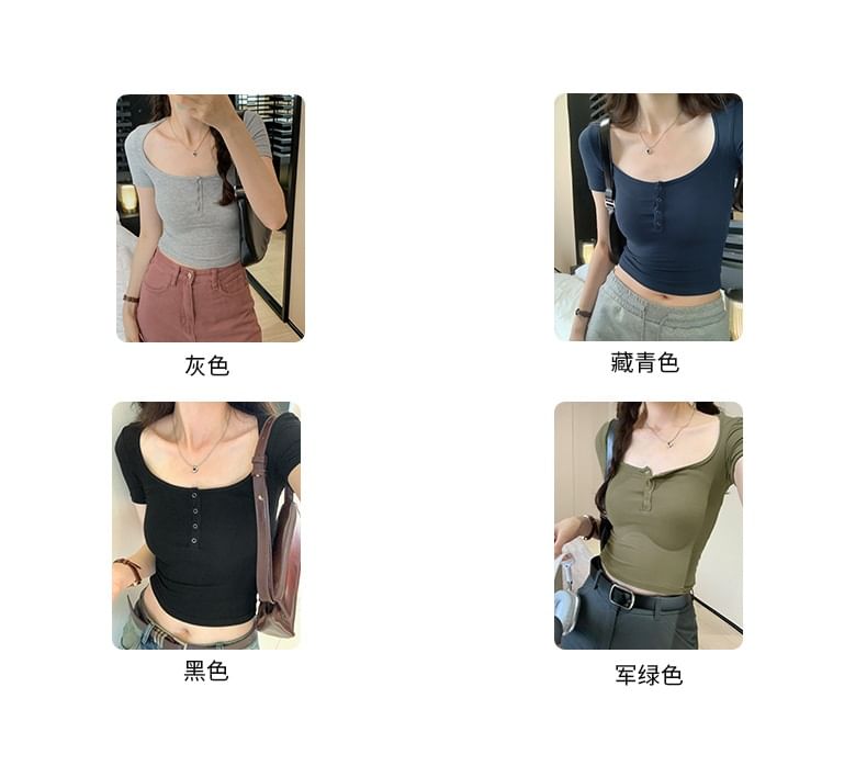 Scoop Short-Sleeve Plain Neck Top Henley Crop