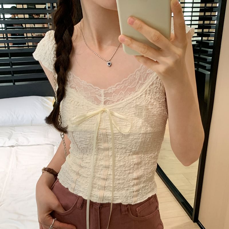 Crop V-Neck Cap-Sleeve Top Lace