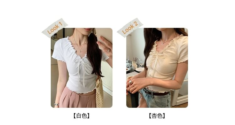 Lace Crop Short-Sleeve Top V-Neck