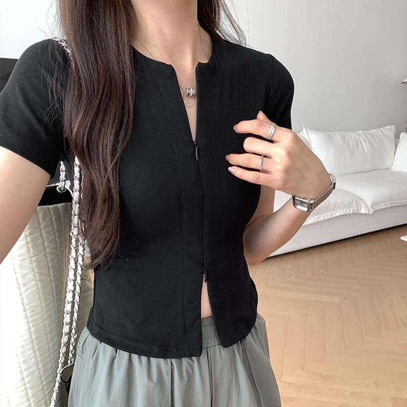 Top Knit Zip-Up Short-Sleeve Plain