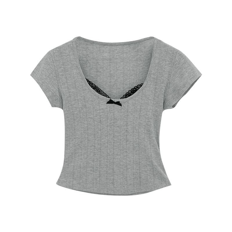 Trim Short Scoop Sleeve Neck Lace Crop Top