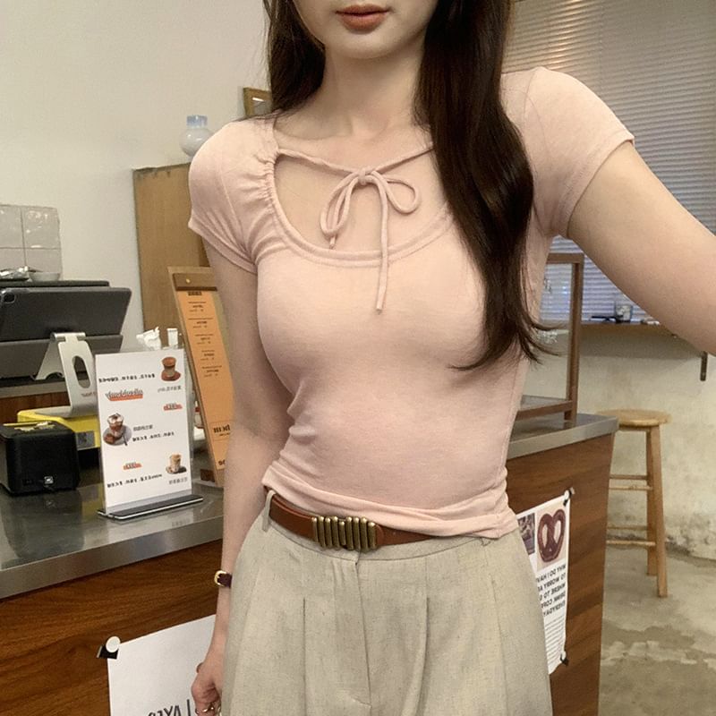 Top Plain Short-Sleeve Crop U-Neck