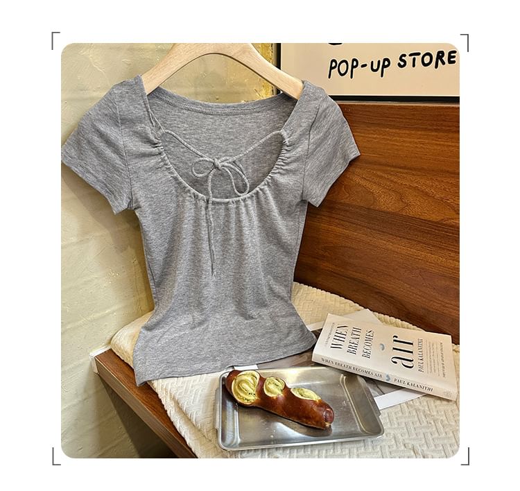 Top Plain Short-Sleeve Crop U-Neck