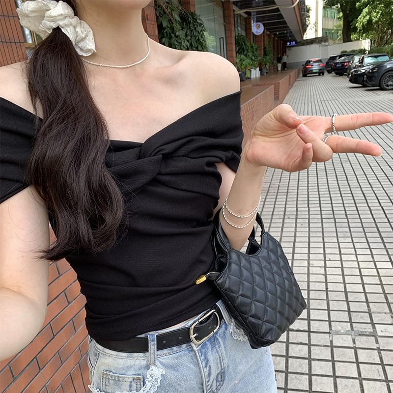 Top Plain Shoulder Off Short-Sleeve Twisted
