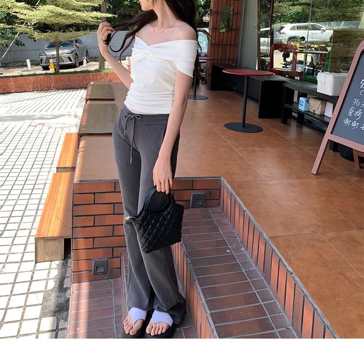 Top Plain Shoulder Off Short-Sleeve Twisted