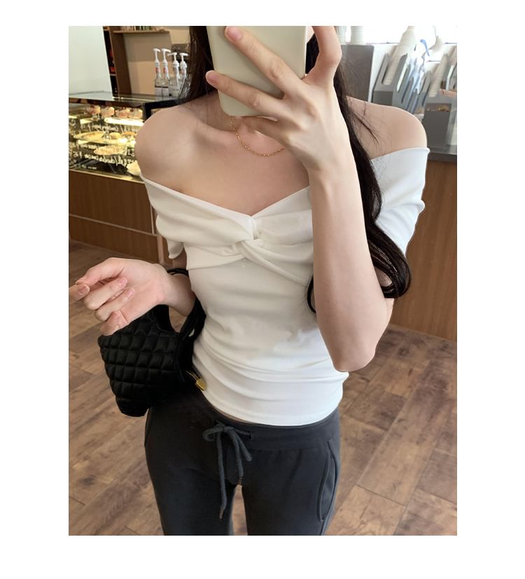 Top Plain Shoulder Off Short-Sleeve Twisted