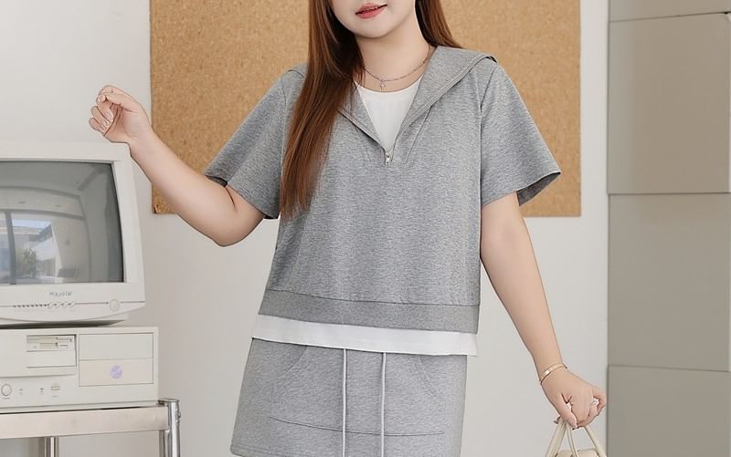 Sailor-Collar Half-Zip Short-Sleeved Top / Drawstring Skirt (Assorted Styles)