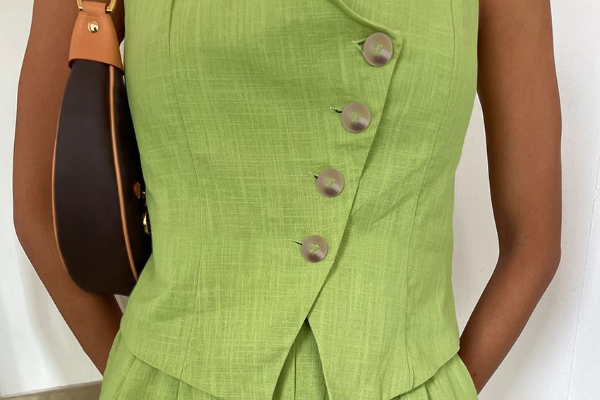 Set: Plain Button-Up V-Neck Sleeveless Top + Plain High-Waisted Wide-Leg Shorts