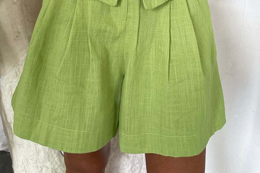 Set: Plain Button-Up V-Neck Sleeveless Top + Plain High-Waisted Wide-Leg Shorts